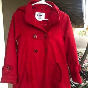 Kids age 13-14 red winter pea coat with hoodie